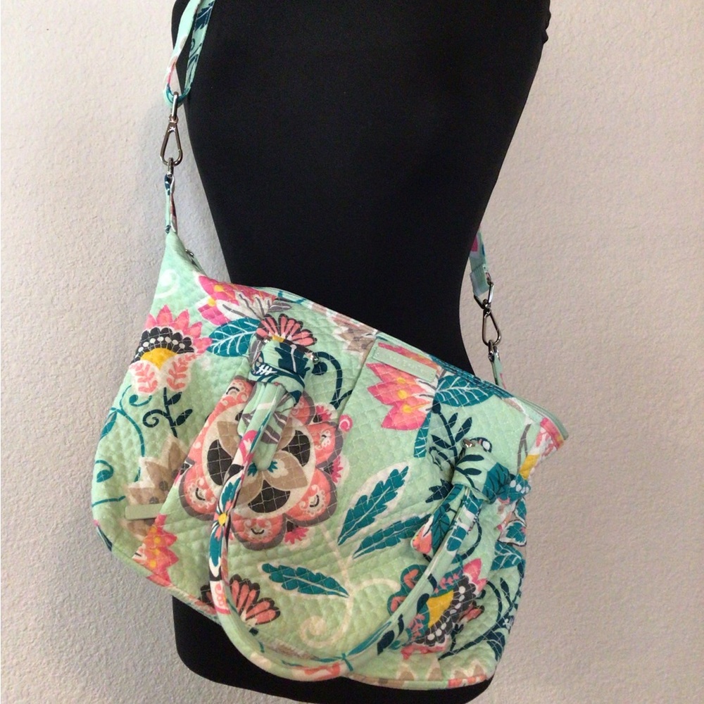 Vera Bradley Iconic Glenna Satchel In Green Mint Flowers Handbag